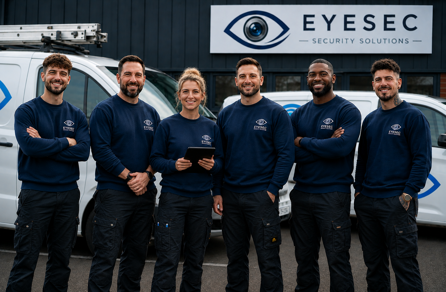 The Eyesec security installation team standing in front of branded white vans