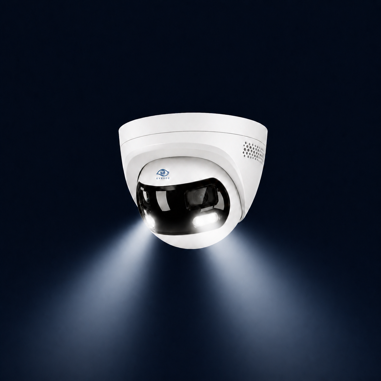 Eyesec panoramic security camera with twin security lights illuminated